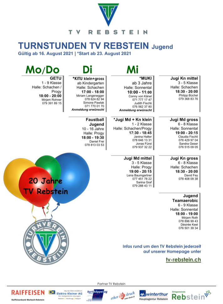 Plan der Jugend-Turnstunden ab 16. August 2021