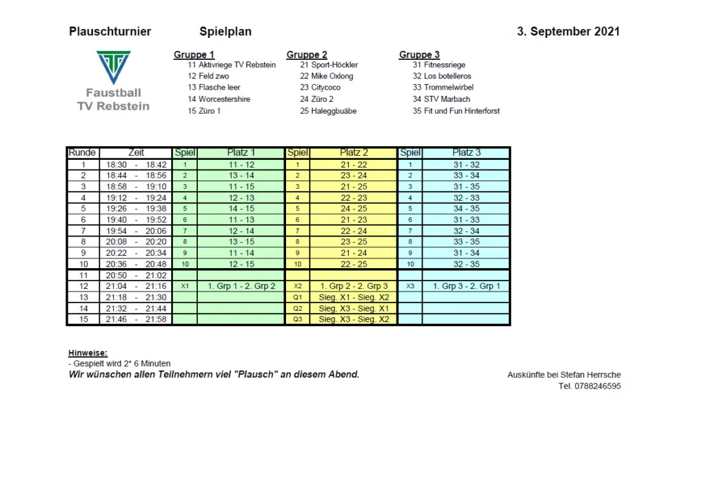 Spielplan des Faustball-Plauschturniers vom 3. September 2021