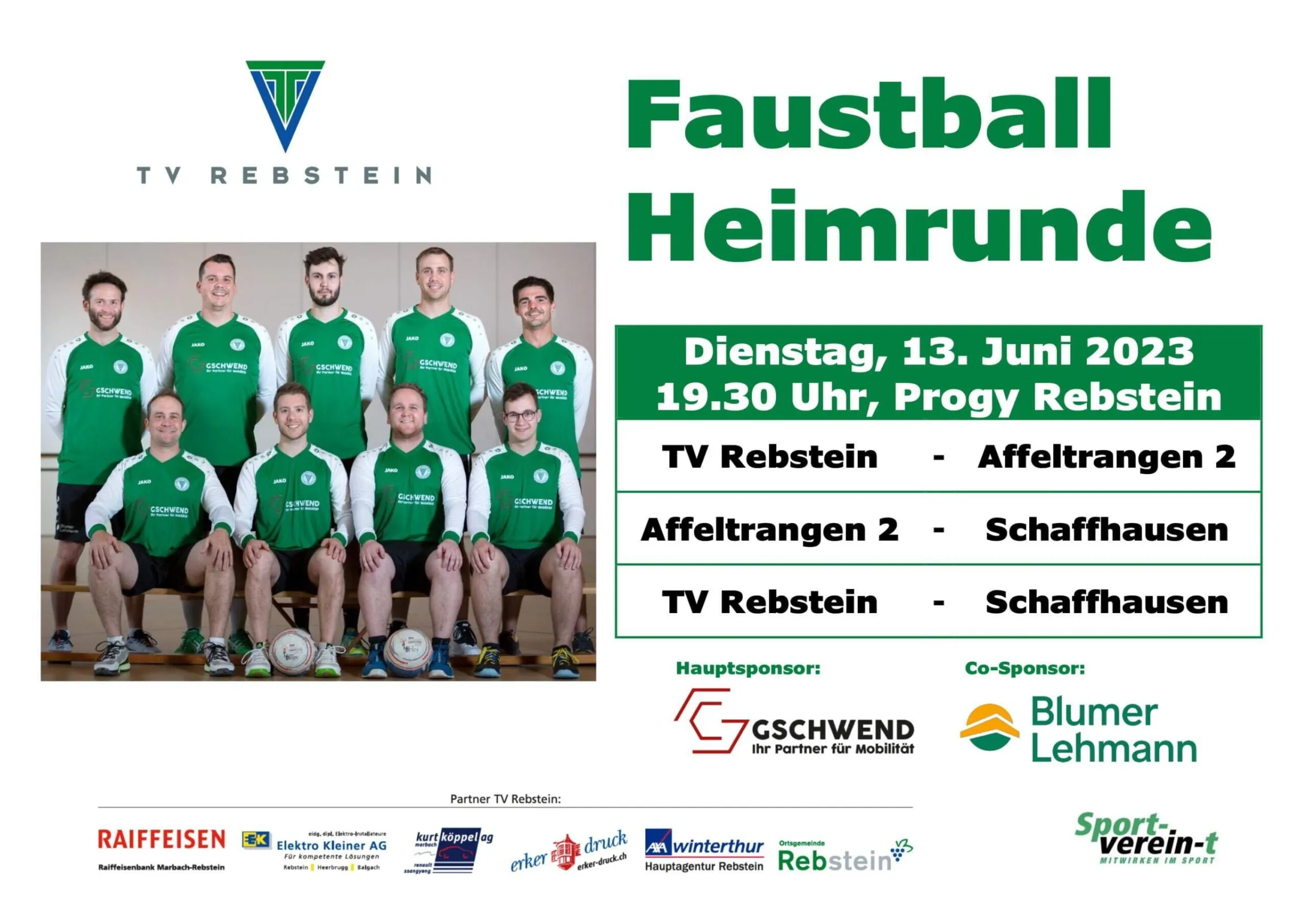Plakat zur Faustball-Heimrunde vom 13. Juni 2023 im Progy Rebstein