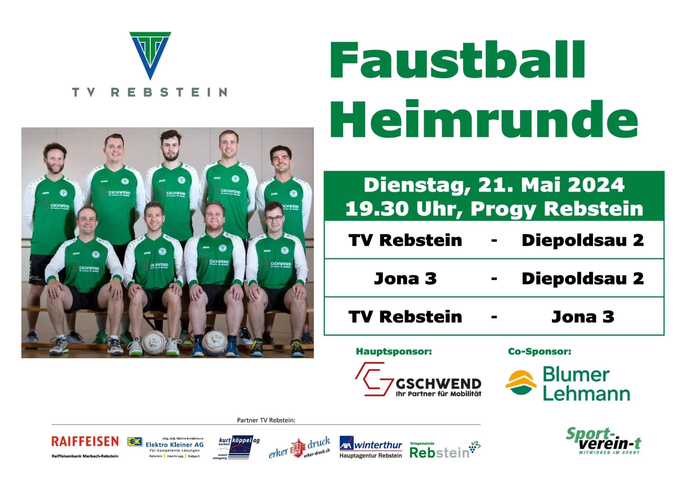 Plakat zur Faustball-Heimrunde vom 21. Mai 2024 im Progy Rebstein
